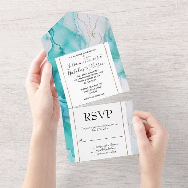 Invitación Todo En Uno Mint Aqua Mint Gold Marble Blanco (desgarro)