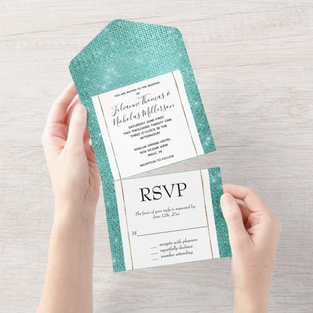 Invitación Todo En Uno Mint Green Sparkle (desgarro)
