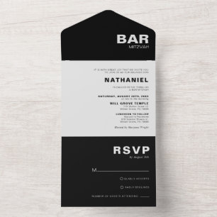 Invitación Todo En Uno Mitzvah, un elegante bar negro formal minimalista