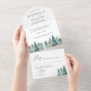 Invitación Todo En Uno Moda acuarela Pine Tree Forest Boda de Invierno