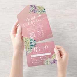 Invitación Todo En Uno Moda acuarela Succulent Flower Wedding RSVP