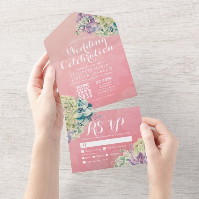 Invitación Todo En Uno Moda acuarela Succulent Flower Wedding RSVP (desgarro)