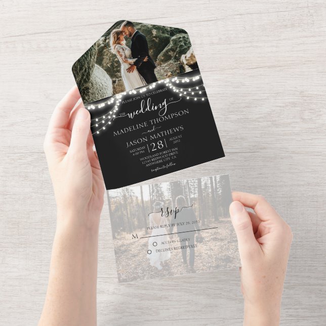 Invitación Todo En Uno Moda Black String Lights Photo RSVP Boda (desgarro)