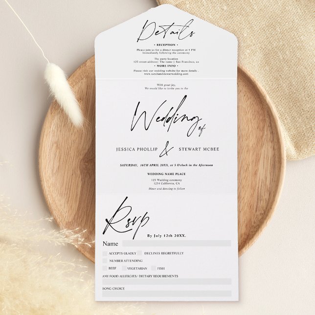 Invitación Todo En Uno Moda blanco negro elegante guión boda moderno (Subido por el creador)