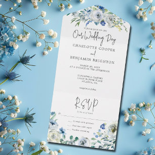 Invitación Todo En Uno Moda Blue Peony Floral Spring Garden Wedding