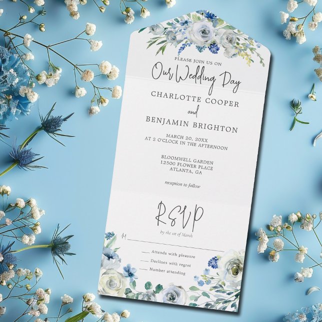Invitación Todo En Uno Moda Blue Peony Floral Spring Garden Wedding (Subido por el creador)