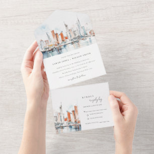 Invitación Todo En Uno Moda Boda de acuarela de Miami Florida Skyline