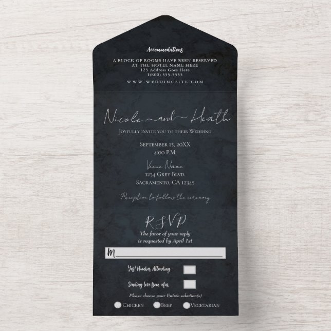 Invitación Todo En Uno Moda Boda de textura azul de la marina moderna fot (Interior)
