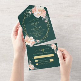 Invitación Todo En Uno Moda Boda floral de oro verde esmeralda Rubor Gold