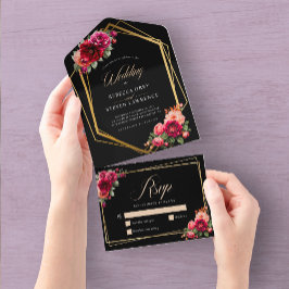 Invitación Todo En Uno Moda boda floral negro rojo