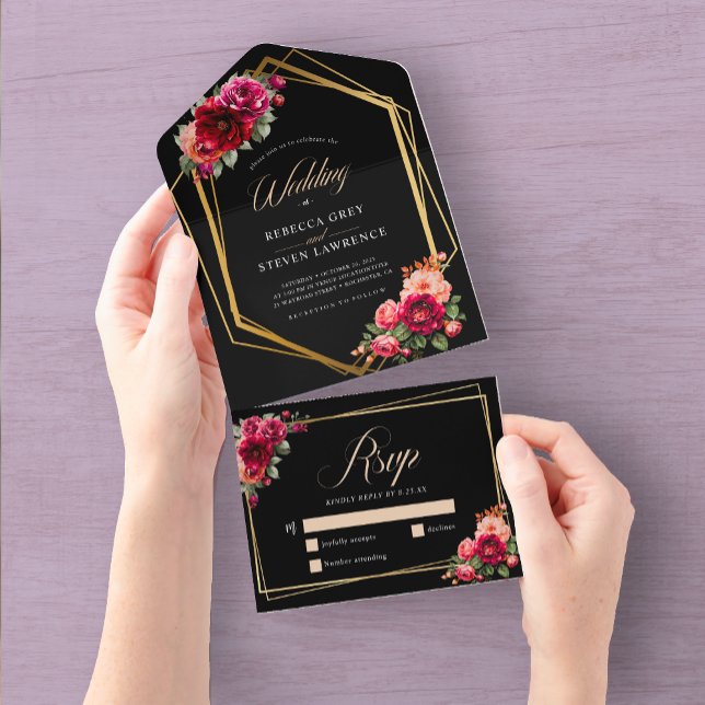 Invitación Todo En Uno Moda boda floral negro rojo (Subido por el creador)