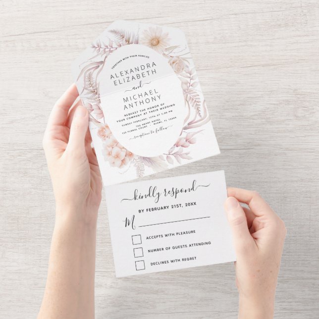 Invitación Todo En Uno Moda Boho Dusty Boda Del Desierto Rosa Todo En Uno (desgarro)