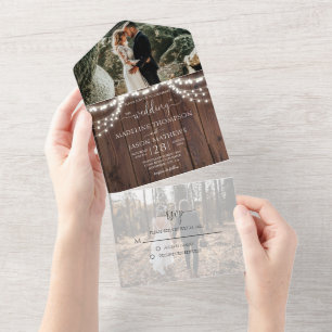 Invitación Todo En Uno Moda Boho Iluminación de cuerda de madera Foto Bod