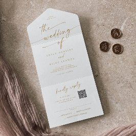 Invitación Todo En Uno Moda Boho Oro y Correo de código QR blanco en Boda