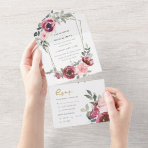 INVITACIÓN TODO EN UNO MODA BURGUNDY ROSA RUBOR FLORAL WATERCOLOR BODA