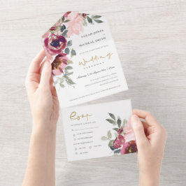 INVITACIÓN TODO EN UNO MODA BURGUNDY ROSA RUBOR FLORAL WATERCOLOR BODA