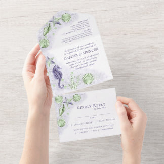 Invitación Todo En Uno Moda costera | Boda de arrecifes de coral morado y