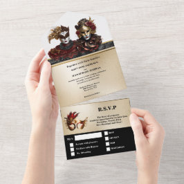 Invitación Todo En Uno Moda de carnaval boda de la mascarada negra de oro