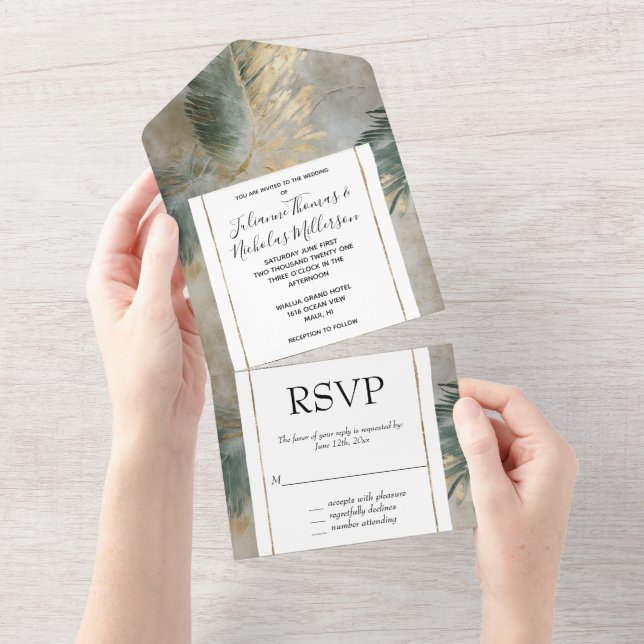 Invitación Todo En Uno Moda de Glam Verde Hojas tropicales blancas de oro (desgarro)