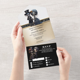 Invitación Todo En Uno Moda de la pareja de novias oro negro gótico elega