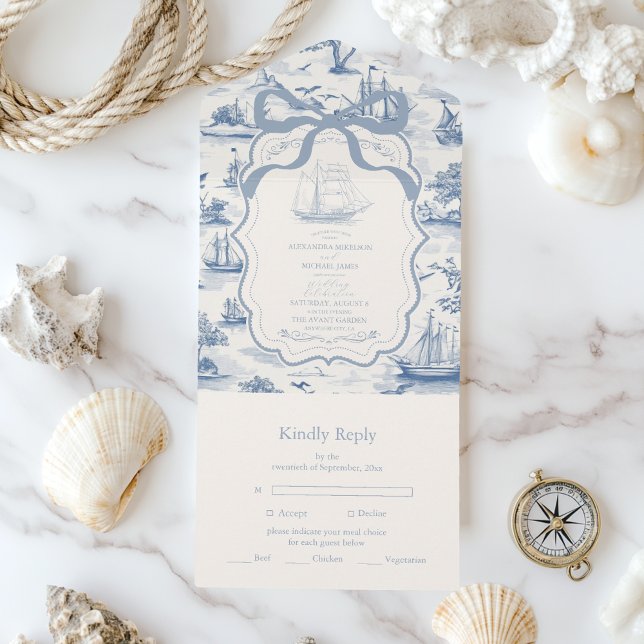 Invitación Todo En Uno Moda de la tela Boda Nautical Bow (Subido por el creador)
