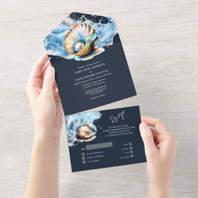 Invitación Todo En Uno Moda de olas oceánicas de perlas blancas azules (desgarro)