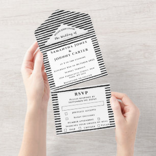 Invitación Todo En Uno Moda de rayas blancas y negras matrimonio elegante