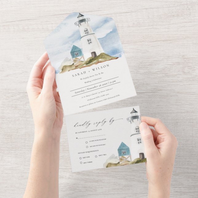 Invitación Todo En Uno Moda Dusky Aqua Blue Lighthouse Boda de Montaña (desgarro)