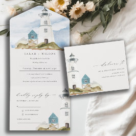 Invitación Todo En Uno Moda Dusky Aqua Blue Lighthouse Boda de Montaña