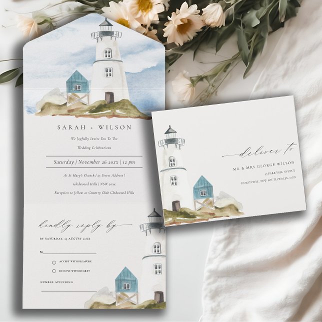 Invitación Todo En Uno Moda Dusky Aqua Blue Lighthouse Boda de Montaña (Subido por el creador)