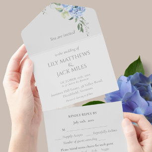 Invitación Todo En Uno Moda Elegante Blue Periwinkle Hydrangea Floral RSV