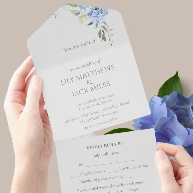 Invitación Todo En Uno Moda Elegante Blue Periwinkle Hydrangea Floral RSV (Subido por el creador)