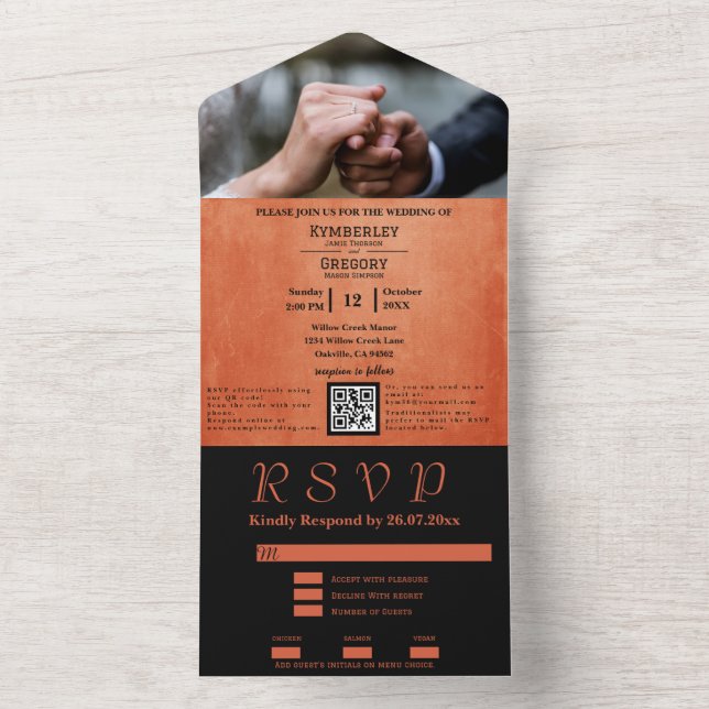 Invitación Todo En Uno Moda Elegante Naranja Quemado RSVP Todo En Un Boda (Interior)