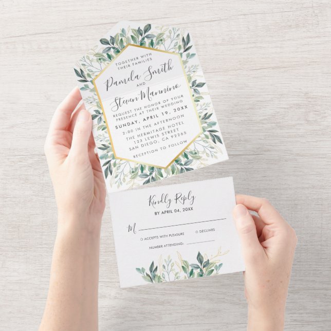 Invitación Todo En Uno Moda Eucalyptus Gold Frame Boda con RSVP (desgarro)