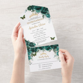 Invitación Todo En Uno Moda Flor verde esmeralda Quinceanera Mariposas