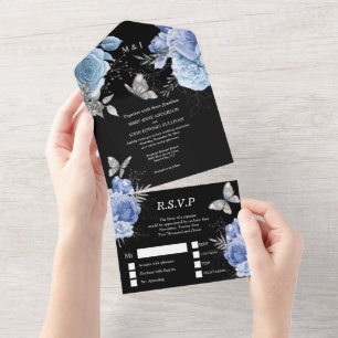 Invitación Todo En Uno Moda floral con glam de plata azul rosa de maripos
