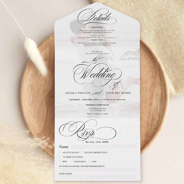 Invitación Todo En Uno Moda fotográfica simple y elegante boda de caligra (Photo chic simple elegant calligraphy wedding all in one invitation)