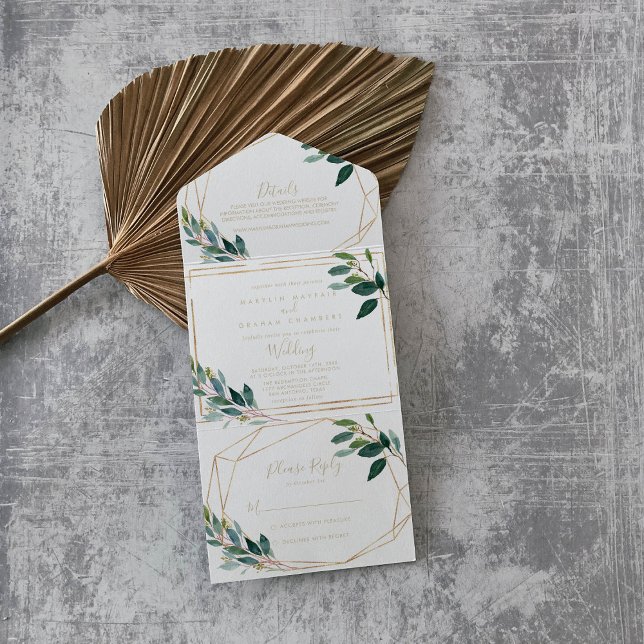 Invitación Todo En Uno Moda geométrica de oro Boda de eucalipto (Subido por el creador)