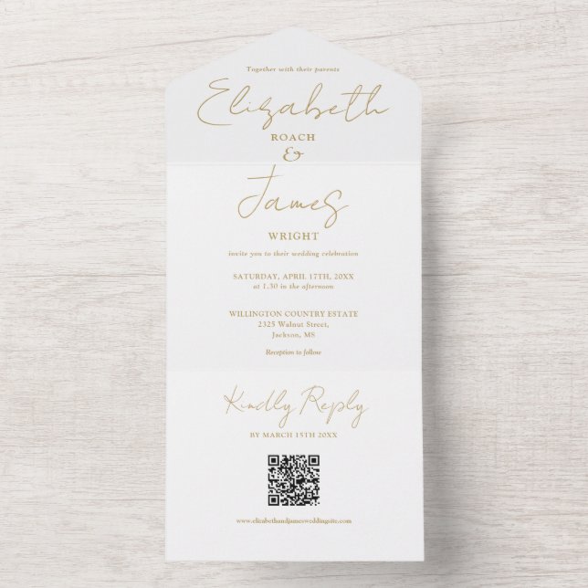 Invitación Todo En Uno Moda Gold Elegant Script QR Boda de código (Interior)
