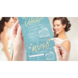 Invitación Todo En Uno Moda Mason Jar String Light Blue Gold Wedding RSVP