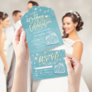 Invitación Todo En Uno Moda Mason Jar String Light Blue Gold Wedding RSVP