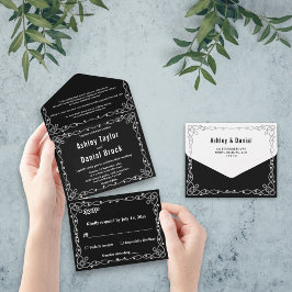 Invitación Todo En Uno Moda Mínima Boda Floral Moderno Blanco Y Negro