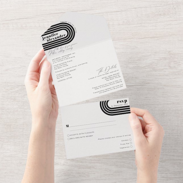 Invitación Todo En Uno Moda mínima moderna Boda blanco y negro todo en O (desgarro)