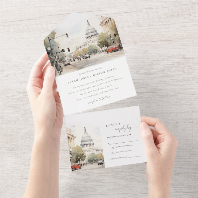 Invitación Todo En Uno Moda Mínima Washington DC, Boda de acuarela de EE. (desgarro)