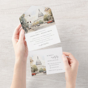Invitación Todo En Uno Moda Mínima Washington DC, Boda de acuarela de EE.