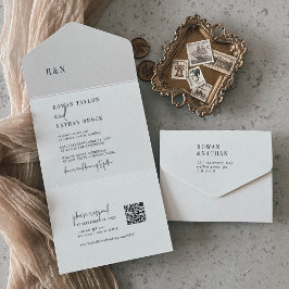 Invitación Todo En Uno Moda moderna Boda de monograma QR en blanco y negr