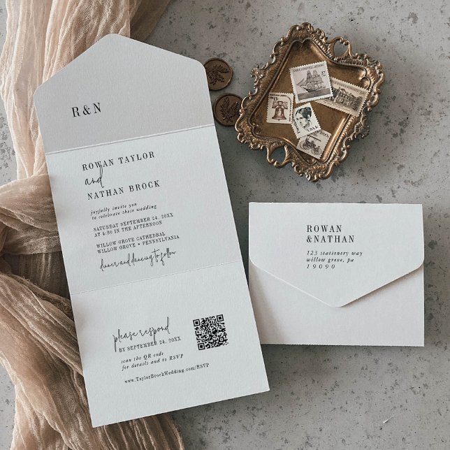 Invitación Todo En Uno Moda moderna Boda de monograma QR en blanco y negr (Subido por el creador)