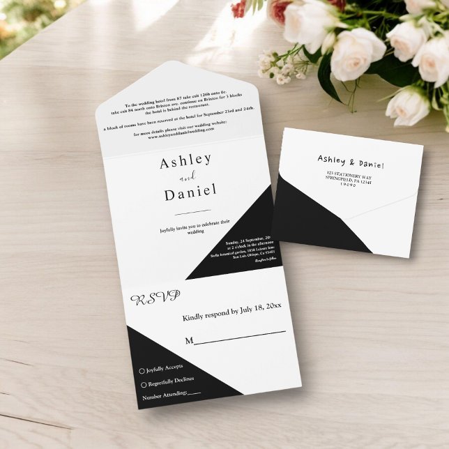 Invitación Todo En Uno Moda Moderna Boda Elegante Blanca Y Negra (Subido por el creador)
