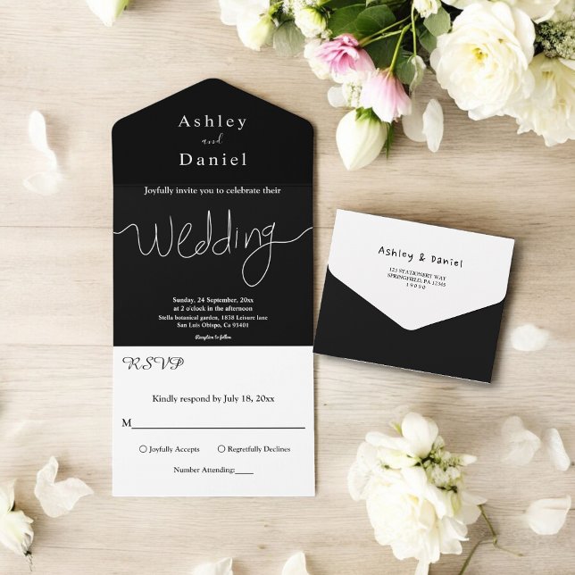 Invitación Todo En Uno Moda moderna Boda Mínimo Blanco Y Negro (Subido por el creador)