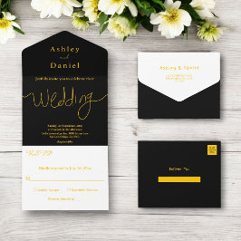 Invitación Todo En Uno Moda Moderna Boda Mínimo Negro Y Oro